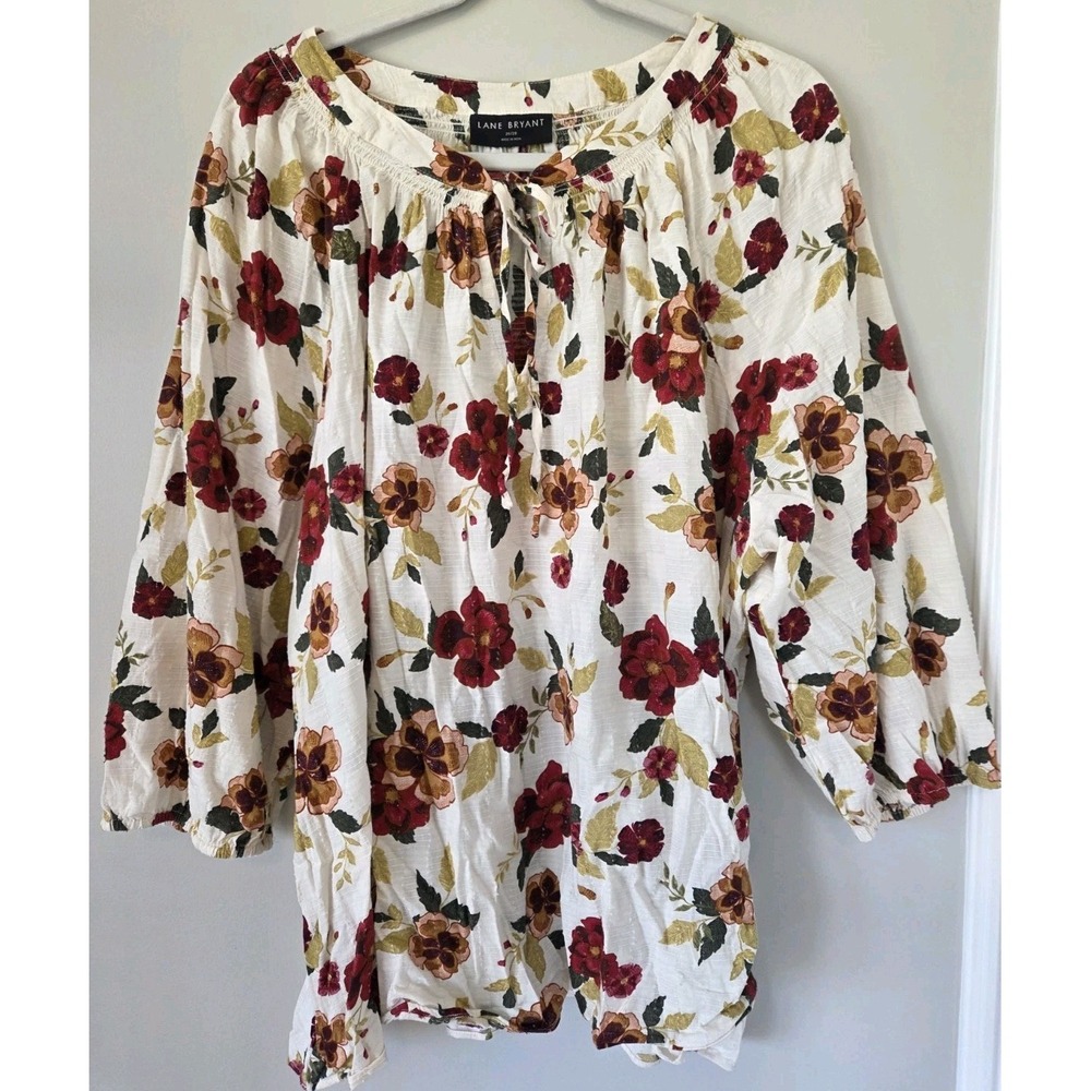 Lane Bryant Peasant Top Blouse Cream Red Floral Women's Plus Size 26/28